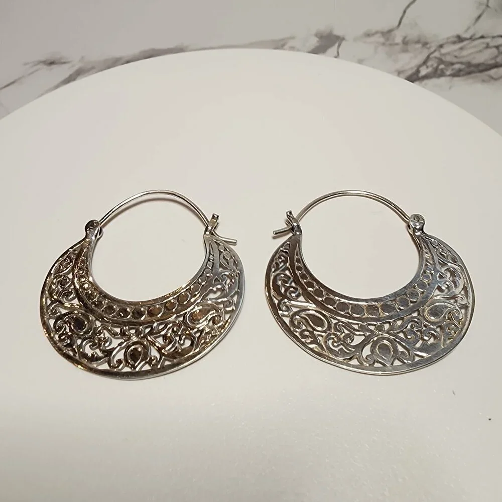 925 Silver Crescent Shape Filigree hoop Earrings
